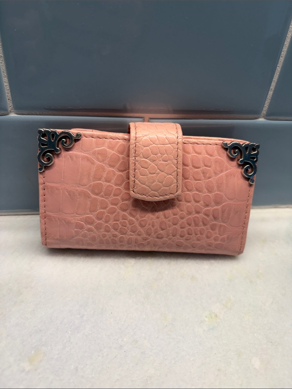 Brighton Women's Pink Croc-Texture Wallet with Decorative Corners